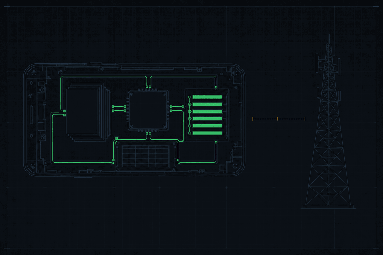 Cutaway plate of a phone whose interior holds a stack of documents, an index grid, a processor and a green answer panel, joined in a closed circuit that never crosses the phone outline, while an unlit radio mast stands apart with the empty gap between them stepped off in amber tick marks.