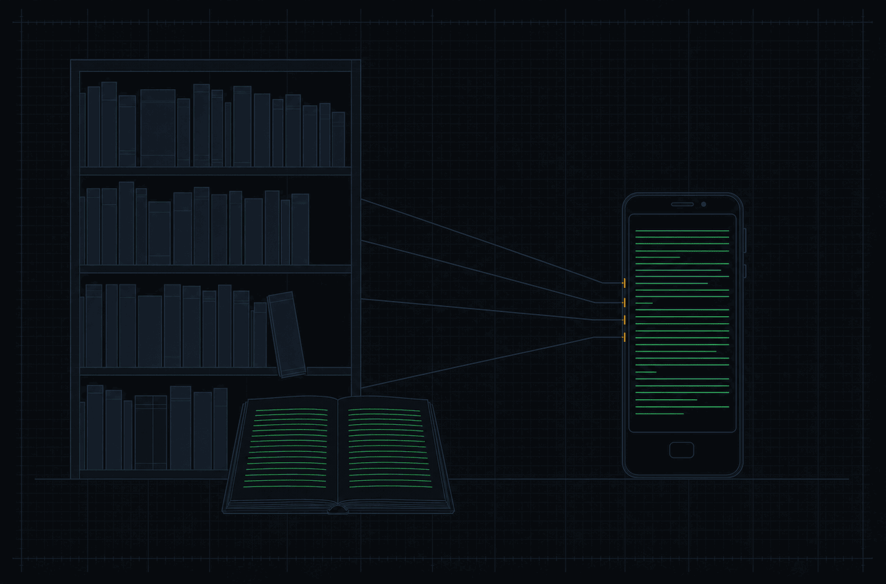 Field manual plate of a bookcase of survival manuals with one volume lying open, its pages in phosphor green, and thin leader lines carrying each shelf into an upright phone whose screen holds the same green document.