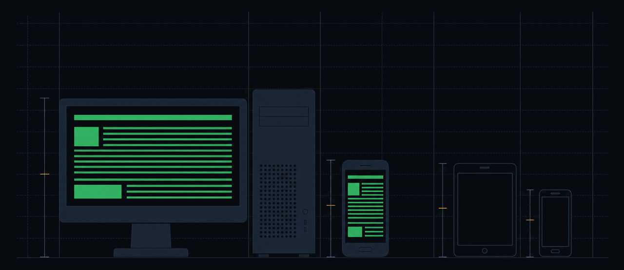 Field manual plate of the three hardware tiers as flat silhouettes on a measurement grid: a desktop workstation and monitor showing a document in phosphor green, a phone showing the same document at phone scale, and an iPad and iPhone drawn as empty outlines because that tier is not built yet.